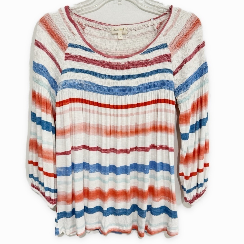 Meadow Rue | Anthro Smocked Peasant Top Striped Spandex Blue Red Size Small - Picture 2 of 6